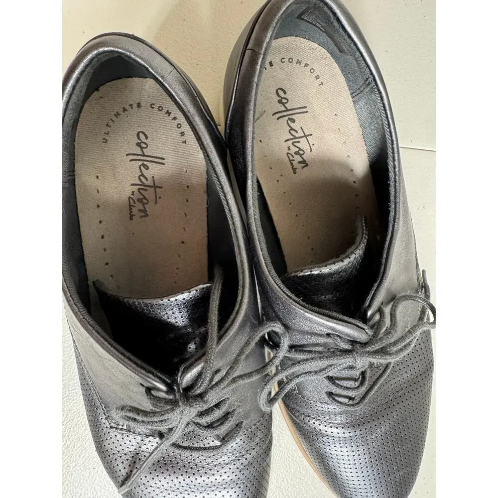 Clark's Collection Sharon Crystal Oxford wedge silver gray leather shoes Sz 8.5